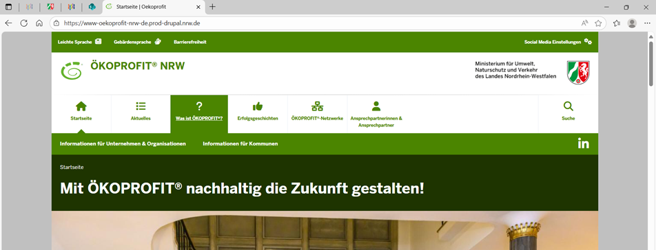Es ist die Startseite der Webseite www.oekoprofit.nrw.de im Bild zu sehen.
